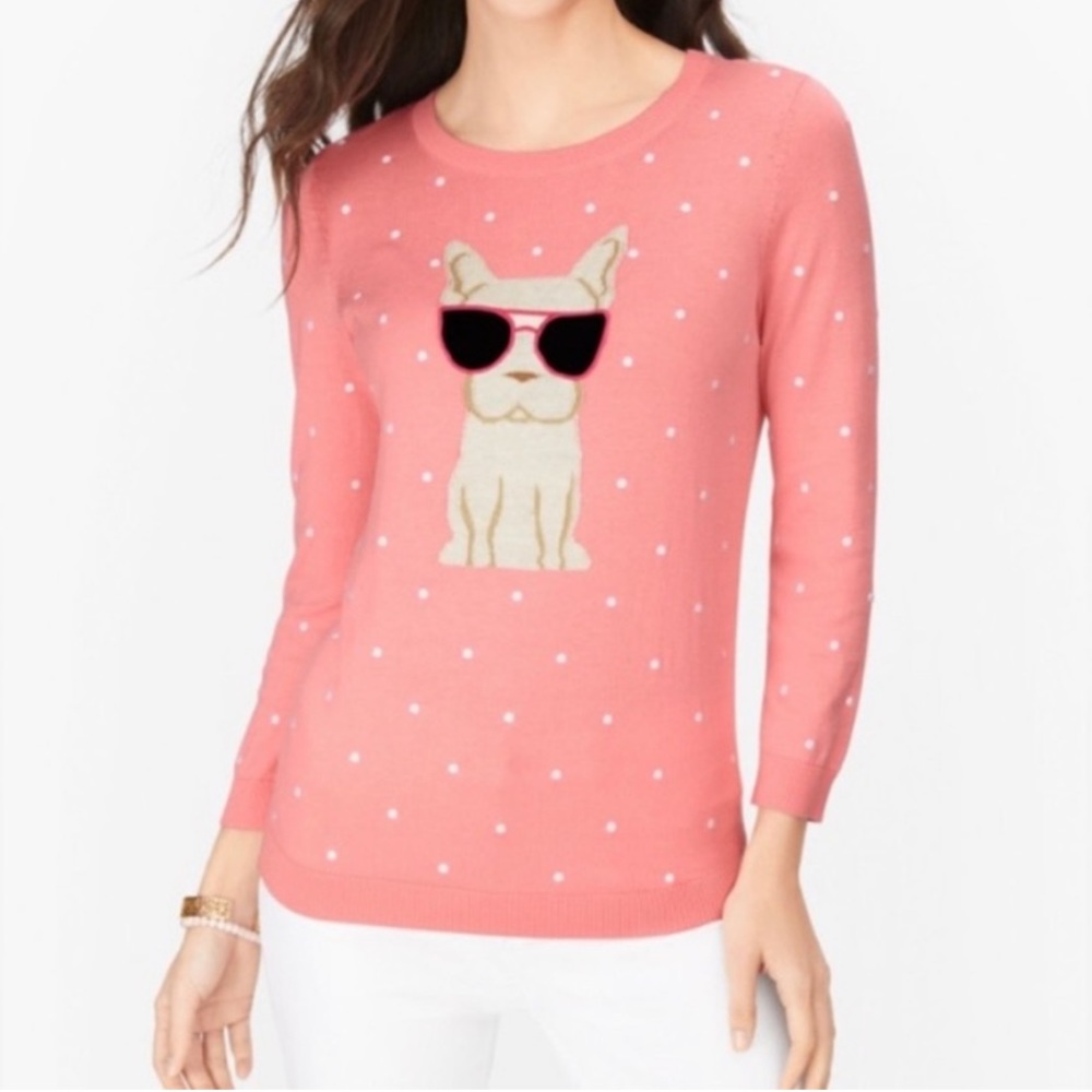 Talbots Women’s 1X Pink Polka Dot French Bulldog Lightweight Sweater